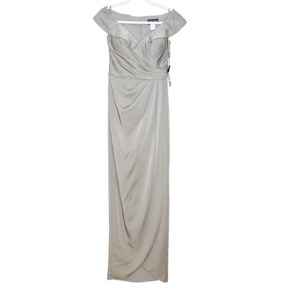 La Femme Gown Ruched Off Shoulder Formal Dress Pewter Sz 2 - Picture 3 of 9